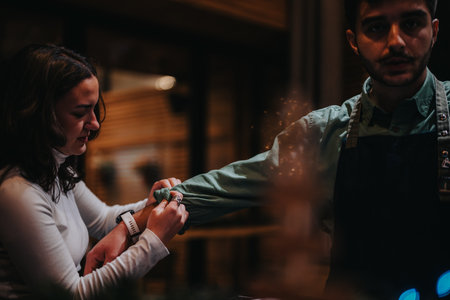 Barista Helping to Adjust Apron in Cozy Cafe Settingの写真素材