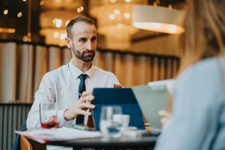 Professional man having a discussion in a modern office settingの写真素材