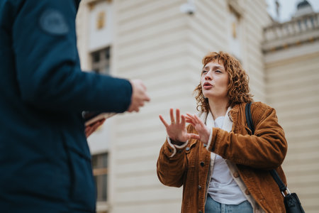 Two people having a conversation outdoors near a building in a city area, showcasing communication and interaction in a professional or casual contextの写真素材