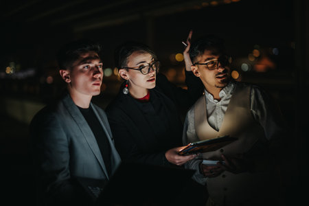 Business people engaging in an outdoor late night meeting discussionの写真素材