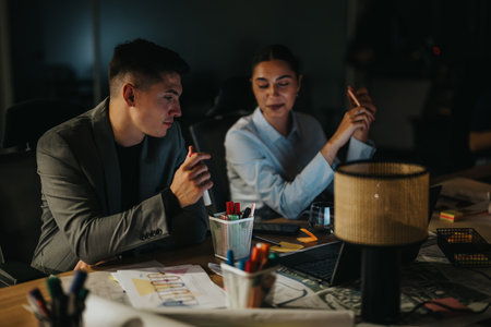 Business coworkers brainstorming together during late night office session