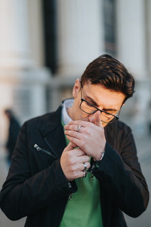 Young man with glasses lighting outdoors, dressed casuallyの写真素材