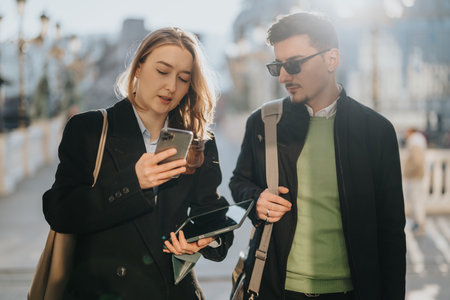 Two colleagues discussing work while using a smart phone outdoors
