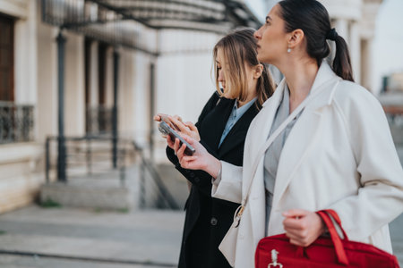 Two businesswomen discussing and using a smart phone outdoors, walking in a formal settingの写真素材