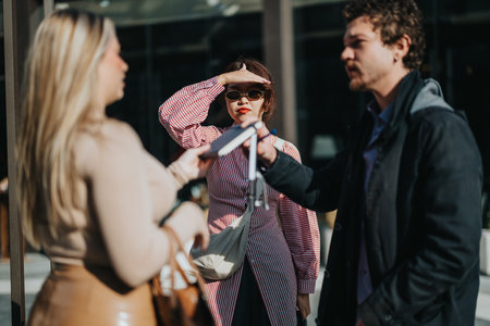 Three people conversing outdoors on a sunny day in the city