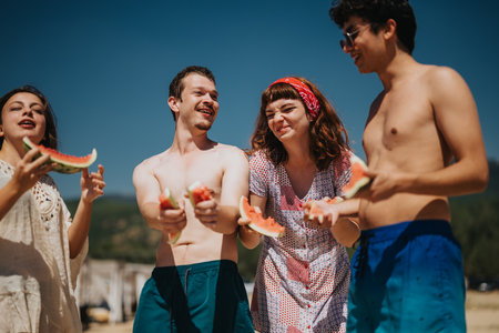 Group of friends enjoying a summer day outdoors at the lakeの写真素材