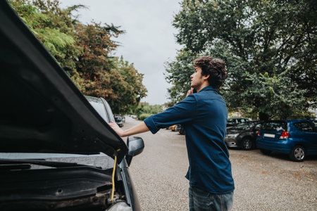 Young man inspecting car engine with open hood in parking lotの写真素材