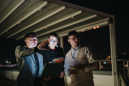 Business people engaged in a late-night meeting outdoors under modern architecture