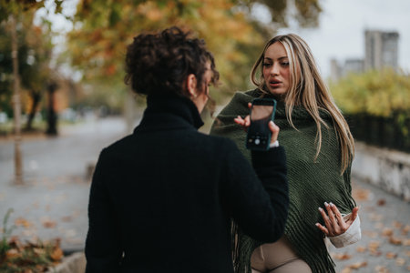 Two women communicating outdoors in an autumnal park settingの写真素材