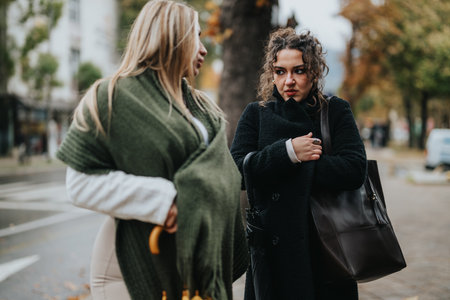 Two women conversing outdoors on a chilly autumn dayの写真素材