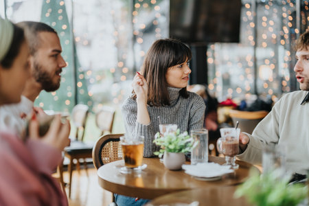 Friends enjoying conversation and drinks in a cozy coffee shop settingの写真素材
