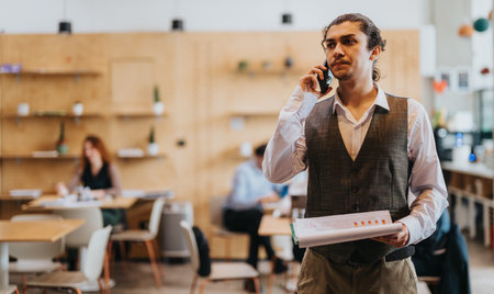 Business professional speaking on phone in stylish modern co working space