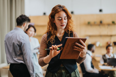 A young woman writing on a tablet during a team meeting in a modern co working spaceの写真素材