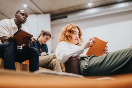 Group of people attentively taking notes during a seminar or presentation in a modern, collaborative learning environmentの写真素材