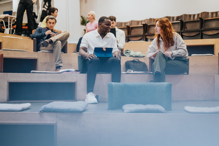 Diverse group of individuals engaging in discussions in a modern open workspace environmentの写真素材