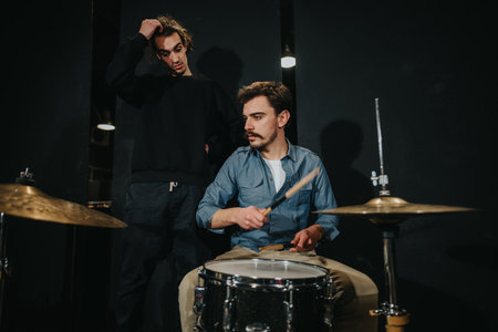 Two men practicing drums together in a music studio settingの写真素材