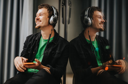 Young man enjoying music wearing headphones and smiling while holding a smart phone