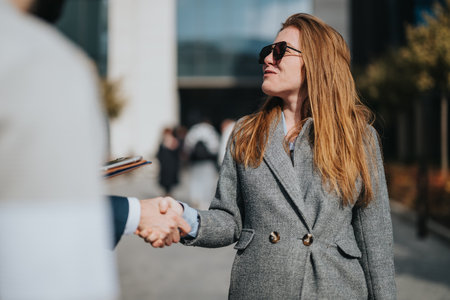 Professional handshake between two individuals outside a modern commercial buildingの写真素材