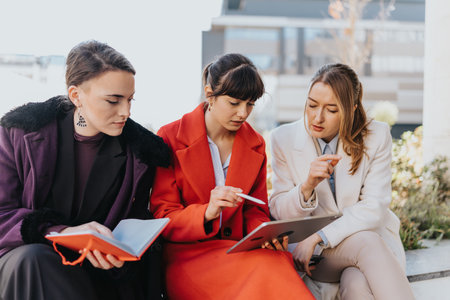 Three professional women engaged in a collaborative discussion outsideの写真素材