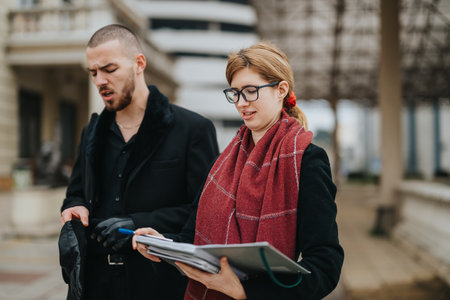 Two Business Professionals Collaborating Outdoors with Notes