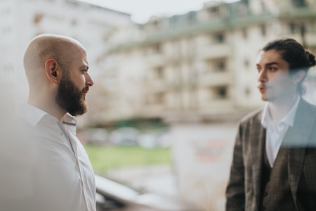 Professional discussion between colleagues in a vibrant urban outdoor settingの写真素材