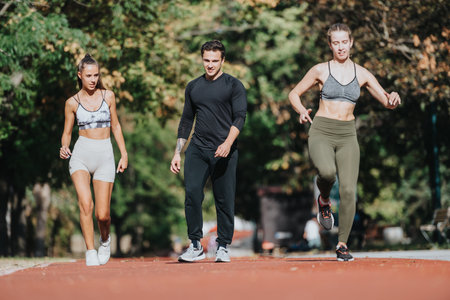 Group of Active Friends Exercising Outdoors on a Sunny Dayの写真素材