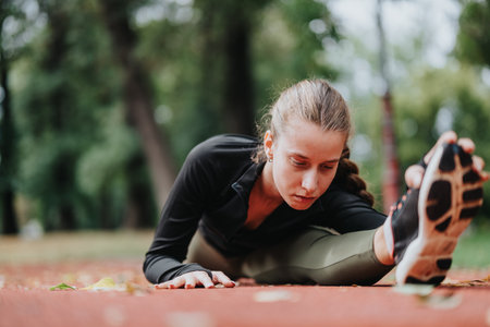Young woman stretching outdoors in a park while preparing for a workout on a cloudy dayの写真素材