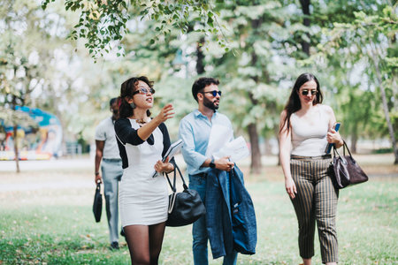 Business people walking through a park during a casual meetingの写真素材
