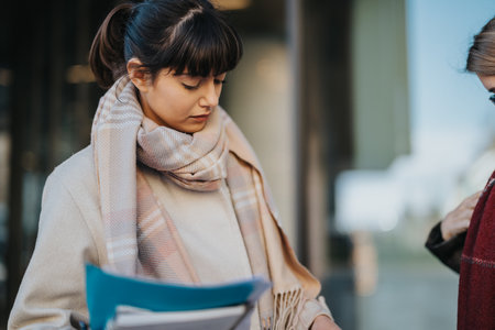 Young casual woman reviewing papers outdoors in autumn settingの写真素材