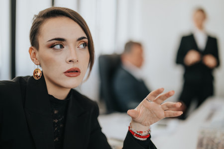 Focused woman gesturing during a business meeting in a professional settingの写真素材