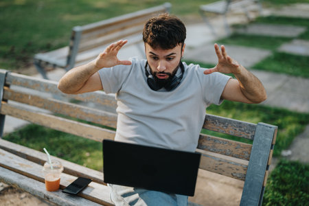Surprised man sitting on park bench with open laptop and headphones