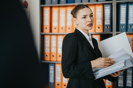 Young professional woman organizing documents in modern office settingの写真素材