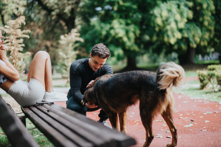 Friends enjoy spending active time in the park on a cloudy dayの写真素材