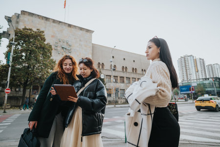 Three women discussing on a digital tablet in an urban city environmentの写真素材