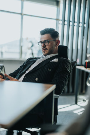 Confident businessman in modern office setting with natural lightの写真素材
