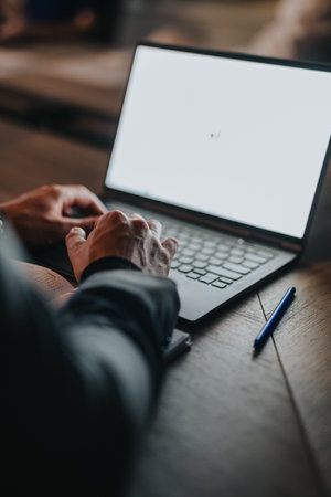 A business professional typing on a laptop late at night, focused on work tasks.の写真素材