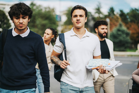 Group of young students walking together in an urban environmentの写真素材