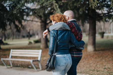 Couple sharing tender moment in lush green park settingの写真素材