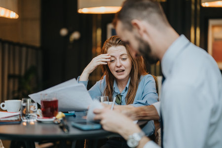 Two colleagues collaborating over a discussion at a cafe settingの写真素材