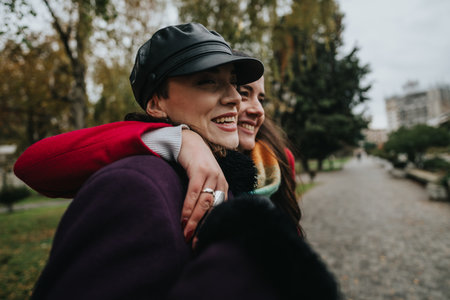 Two cheerful women enjoying a day outdoors in the city park