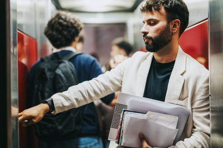 Businessman holding documents in a crowded elevator setting