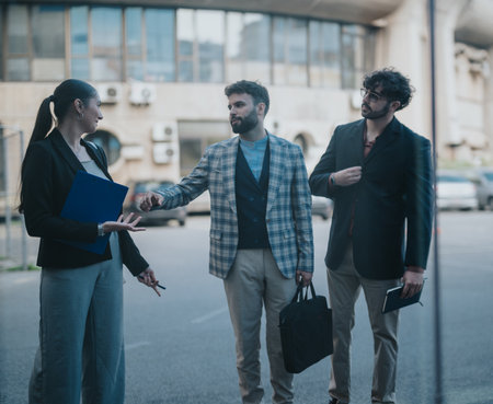 Business people discussing strategies in a modern urban settingの写真素材