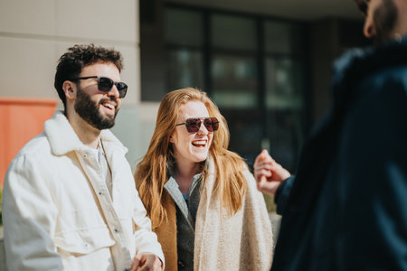Friends enjoying a sunny day outdoors with happy smiles and sunglassesの写真素材