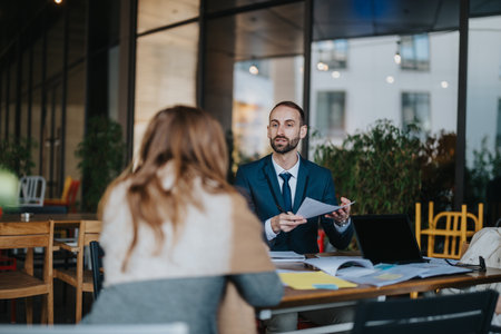 Business discussion with papers and computer during a professional meeting in an officeの写真素材
