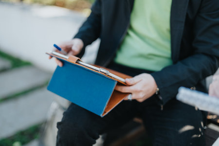Young people collaborating on project in an outdoor settingの写真素材