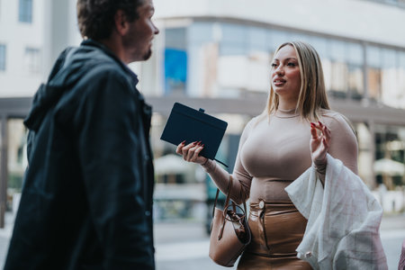 Business professionals engaging in outdoor meeting discussionの写真素材