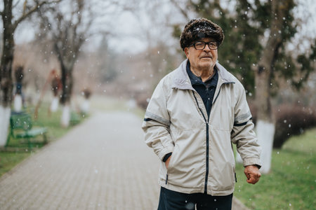 Elderly man in warm winter wear walking through a park as snow falls. Nature and seasons symbolized...