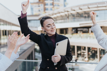 Businesswomen Celebrating Success During Team Collaboration Outdoors