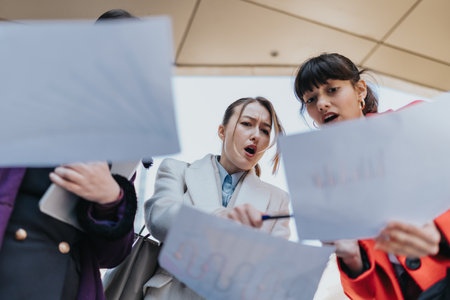 Group of businesswomen discussing documents in an outdoor professional setting