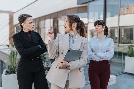 Three female entrepreneurs discussing ideas outdoors in a modern urban settingの写真素材